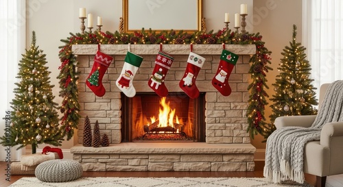 A cozy fireplace with a warm fire burning, decorated for Christmas with stockings and garlands