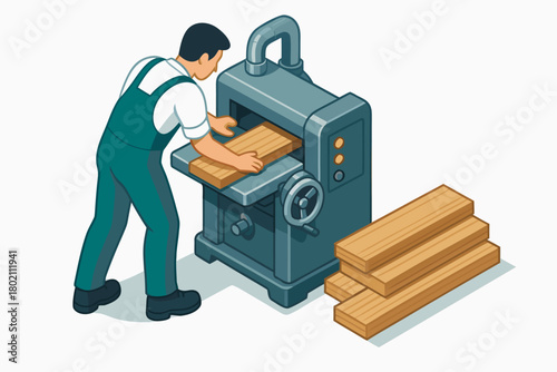 Dedicated carpenter shaping wooden planks using industrial planer for woodworking projects and professional craftsmanship