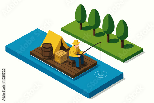 Enjoying peaceful river camping and fishing, man on raft with tent, barrel, and trees, nature escape, originally a scalable graphic