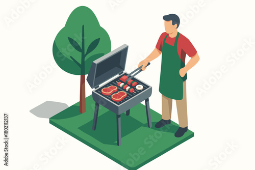 Enjoying summertime grilling delicious steaks and kebabs outdoors with family and friends at a backyard barbecue