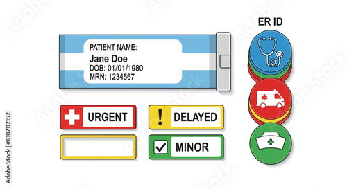 Collection medical identification and triage tags, including patient wristband, urgent, delayed, and minor status labels, and er id icons