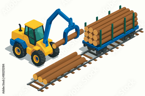 Efficient timber transport illustration featuring a powerful log loader and railway car for the logging industry, scalable