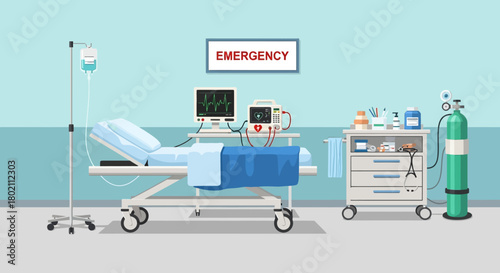 Modern hospital emergency room with patient bed, medical equipment, and an emergency sign, illustrating critical care and advanced healthcare technology in sterile environment