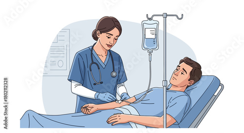 Caring nurse administers an intravenous drip to male patient lying in hospital bed, symbolizing medical assistance, patient care, and the process treatment and recovery in healthcare setting