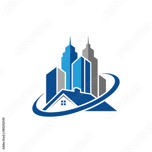 Blue and grey cityscape with home rooftop, urban real estate development