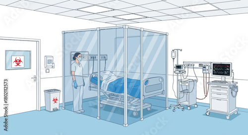 Hospital isolation room with patient in bed, surrounded by protective glass partitions, nurse observing, and medical equipment