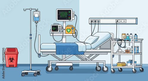 Hospital room with medical equipment including an adjustable bed, iv drip, vital signs monitor, and medical cart with supplies