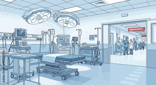 Modern operating room with advanced medical equipment, surgical lights, and team medical professionals in the, illustrating hightech healthcare environment