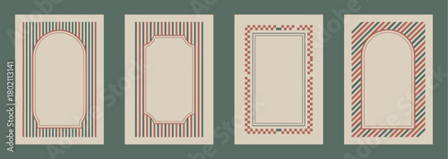 Christmas vintage frame set, retro holiday card design with red and green stripes, checkerboard and candy cane borders, perfect for festive greeting cards, seasonal invitations, and holiday artwork.