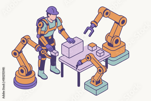 Modern factory worker overseeing robotic assembly line process for streamlined manufacturing and increased efficiency solutions