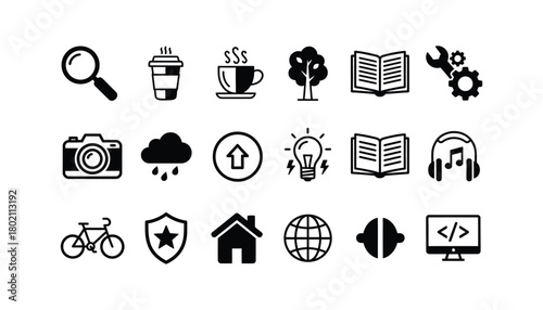 Collection of various black and white vector icons on a white background