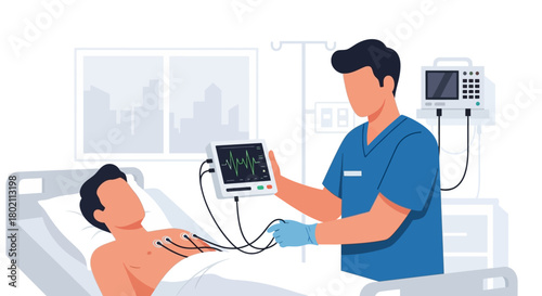 Doctor or nurse checking patients vital signs using portable monitor in hospital room, with medical equipment in the