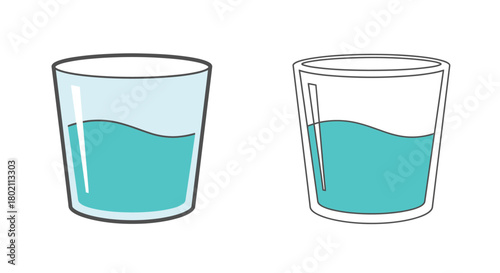 Two simple line drawings of glasses one filled with blue liquid