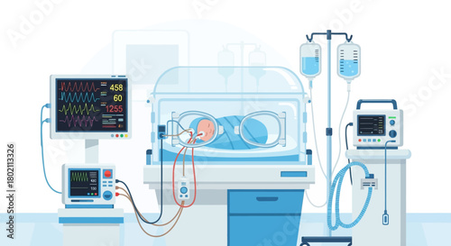 Newborn baby is in an incubator in the neonatal intensive care unit, surrounded by medical equipment like monitors and iv drips