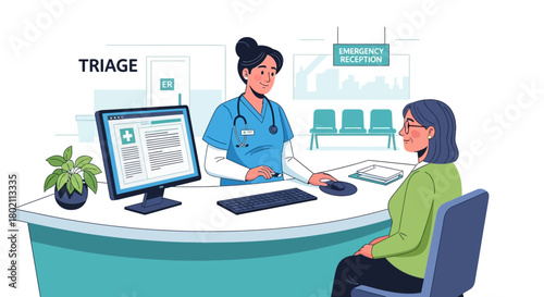 Nurse assessing patient at the triage desk in hospital emergency room, with computer and medical chart visible