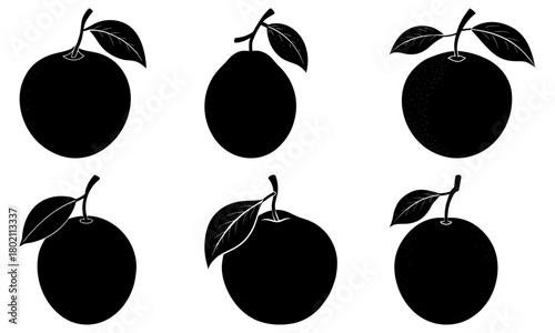 Six black silhouette plums with leaves arranged in two rows on a white background image design