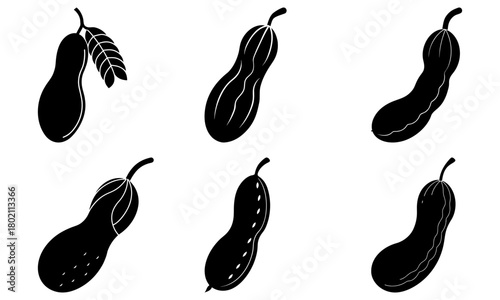 Illustration of six black and white stylized cucumbers in various shapes and orientations on a white background