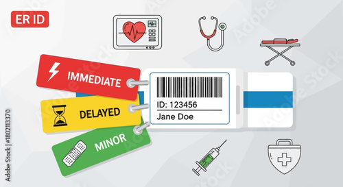 Emergency room triage system with patient identification band, medical icons, and urgency tags like immediate, delayed, and minor