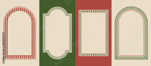 Christmas vintage frame set, retro holiday card design with red and green stripes, checkerboard and candy cane borders, perfect for festive greeting cards, seasonal invitations, and holiday artwork.