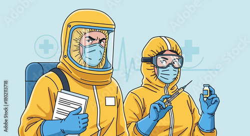 Two medical workers in full hazmat suits, one holding clipboard and the other syringe and vial, symbolizing protection against infectious diseases and the fight against pandemics