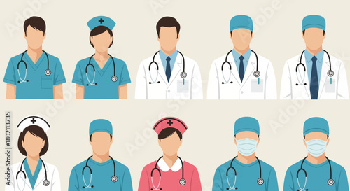 Diverse group medical professionals including doctors and nurses, depicted in flat style with stethoscopes and scrubs, representing healthcare and medical staff