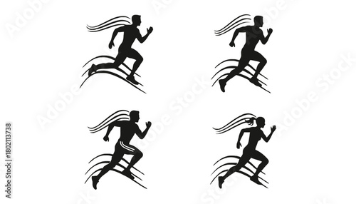 Four running silhouettes with motion lines on a white background