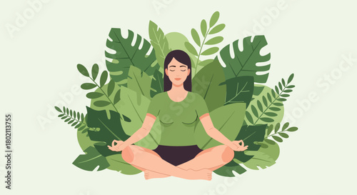 Woman meditating peacefully surrounded by lush green tropical leaves, promoting wellness and tranquility in serene natural setting