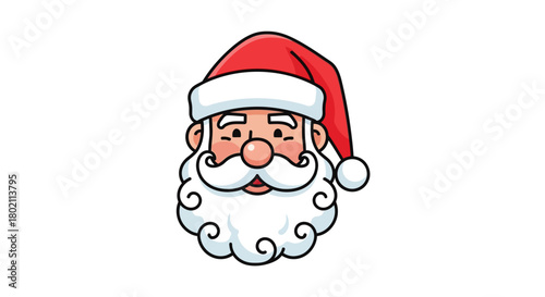 Friendly cartoon face of Santa Claus with a festive red hat and fluffy white beard, a classic symbol for the Christmas holiday season isolated on white