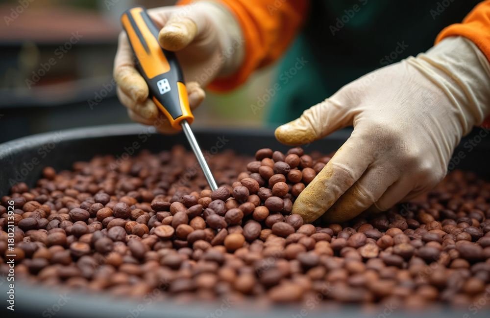 Obraz premium Farmer checks temperature of fermenting cocoa beans with digital probe. Hands in gloves sort raw seeds for chocolate production. Quality control of cacao farm produce.