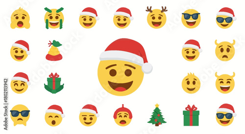 Collection of festive holiday emojis, including Santa hats, Christmas trees, and gift boxes, perfect for seasonal greetings and celebrations