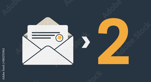 Vector illustration representing a two-step verification process, with an email message icon pointing to the number two for security authentication