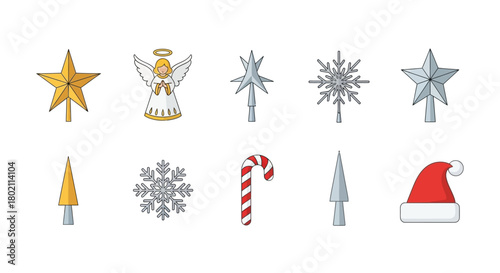 Collection of festive Christmas tree toppers and ornaments for holiday decorations
