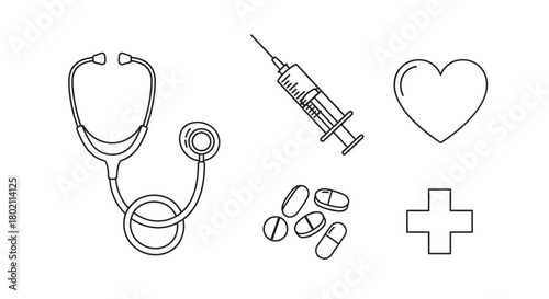 Collection medical icons including stethoscope, syringe, pills, heart, and plus sign, isolated on