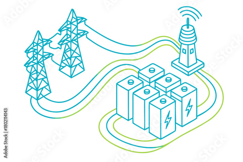 Sustainable energy grid with battery storage and transmission towers, powering a smart city with clean electric power