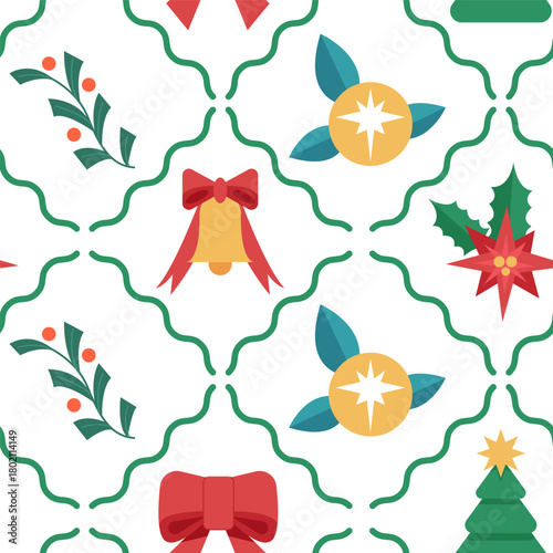 Christmas seamless pattern on white background. Festive design for textiles, wrapping paper. Flat vector illustration.