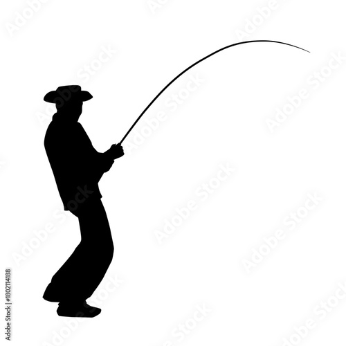 silhouette of a a fisherman pulls his fishing rod with his body leaning backwards