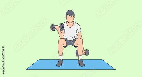 Man sitting on yoga mat, performing bicep curls with dumbbells, showcasing fitness and exercise routine for muscle building and strength training