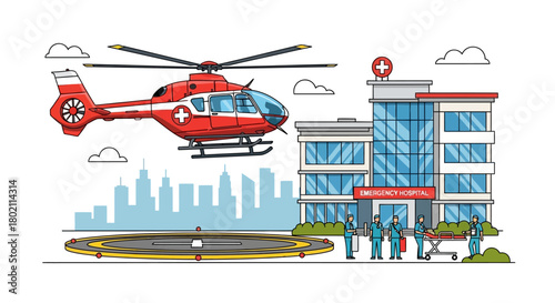 Medical helicopter landing at hospital with medical staff ready to receive patient, showcasing emergency medical services and air ambulance transport in city setting