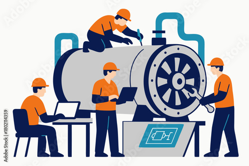 Expert team diligently performing industrial equipment maintenance for optimal performance and safety standards at factory facility
