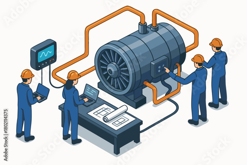 Engineers collaborating on jet engine design with laptops and blueprints in a modern industrial workspace