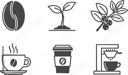 Coffee icons isolated on white background showing bean, plant, and coffee cup