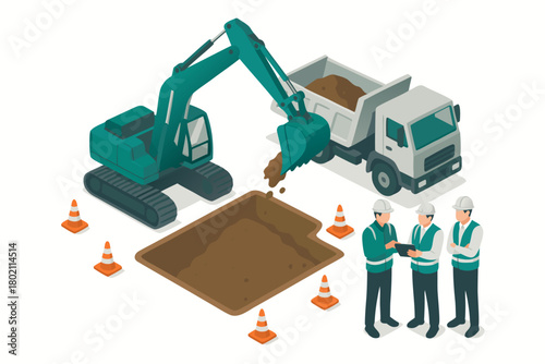 Construction site team overseeing excavation with modern machinery for infrastructure development project success