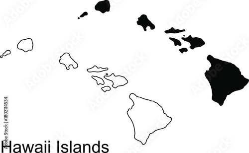 Silhouette map of the Hawaiian Islands archipelago on black Keywords: Hawaii, islands