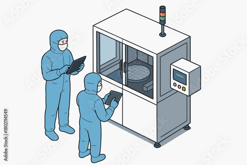 Skilled technicians in clean suits inspect semiconductor manufacturing process, ensuring precision & quality in tech innovation