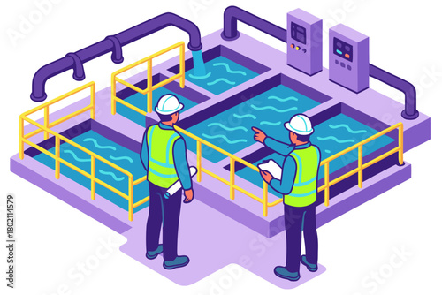 Modern wastewater treatment plant with engineers inspecting system, ensuring clean water and environmental protection