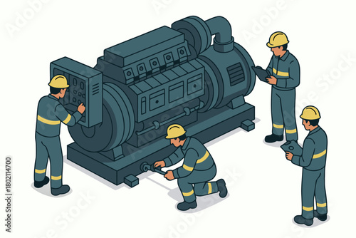 Professional technicians maintaining powerful generator unit for reliable power supply in critical infrastructure settings