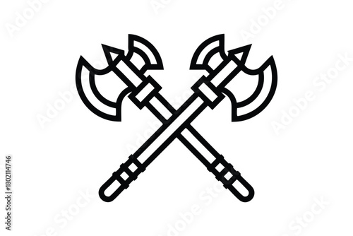 Two crossed double bladed axes create an interesting black symmetrical icon on white
