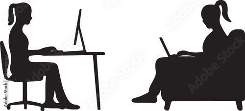 Silhouettes of two women working on computers in different settings