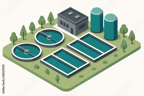 Modern water treatment plant illustration showcasing clean energy and eco-friendly infrastructure solutions for a sustainable future