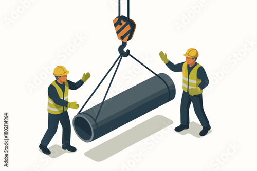 Construction workers carefully lifting heavy pipe with crane for infrastructure project site safety and teamwork in isometric view